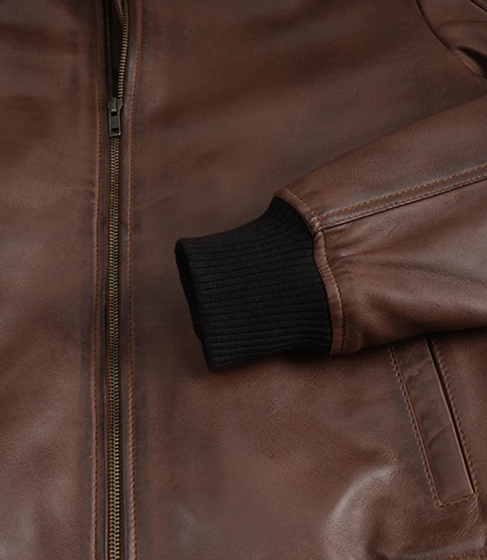 Men's Cognac Waxed Real Leather Bomber Jacket