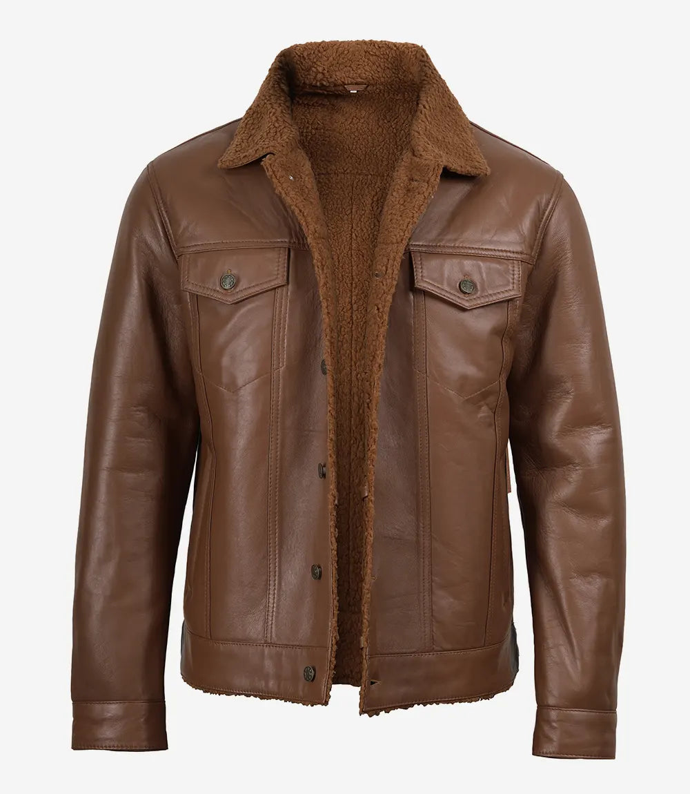 Men's Cognac Brown Real Lambskin Leather Trucker Jacket – Sherpa Lined