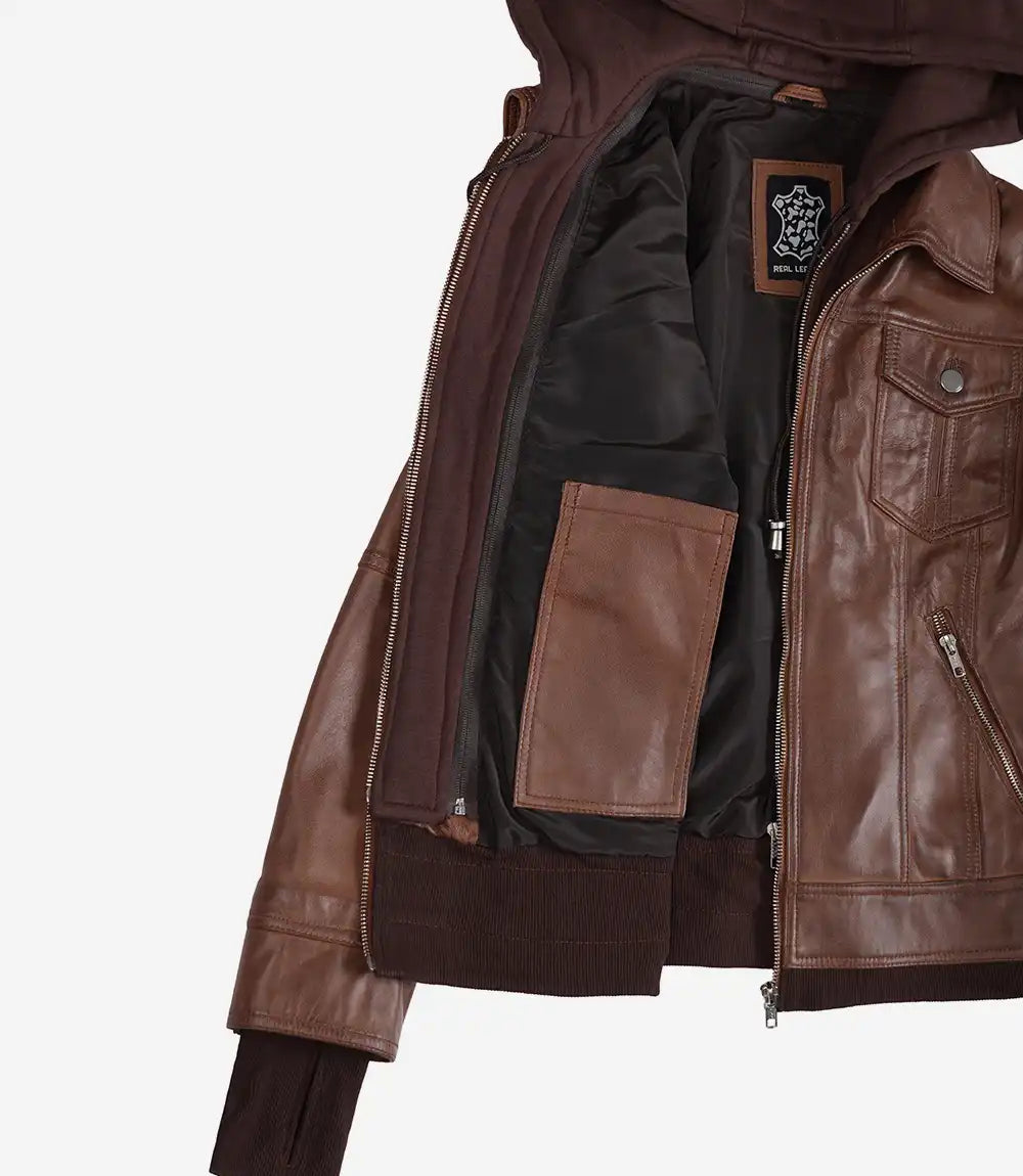 Tralee Damen Cognac Wachs-Bomberlederjacke mit abnehmbarer Kapuze