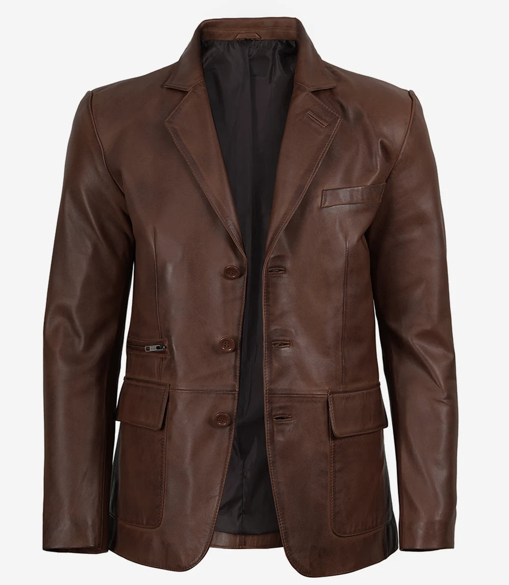 Mens Three Button Cognac Waxed Leather Blazer - Notch Lapel