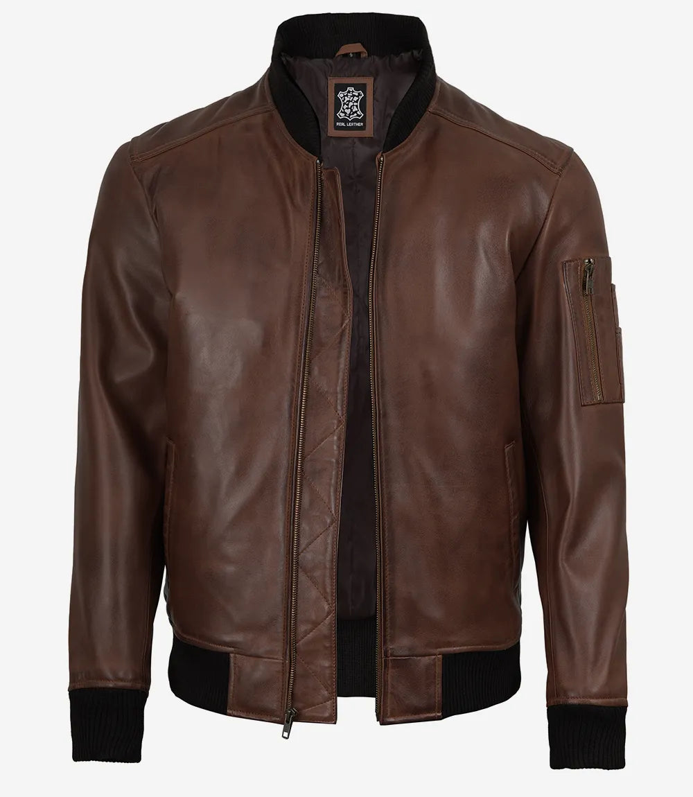 Men's Cognac Waxed Real Leather Bomber Jacket