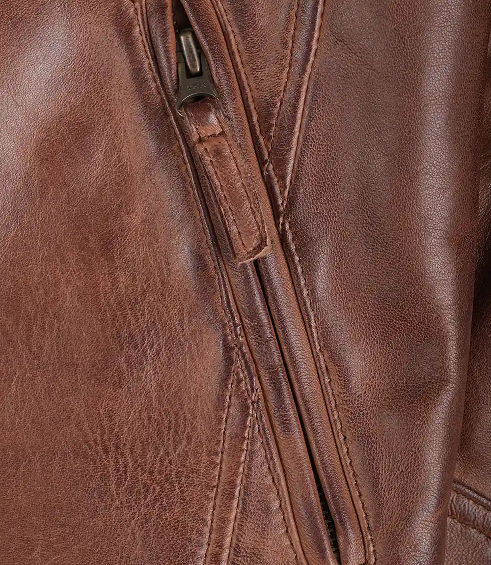 Cognacbraune gesteppte Lederjacke im Biker-Stil für Herren