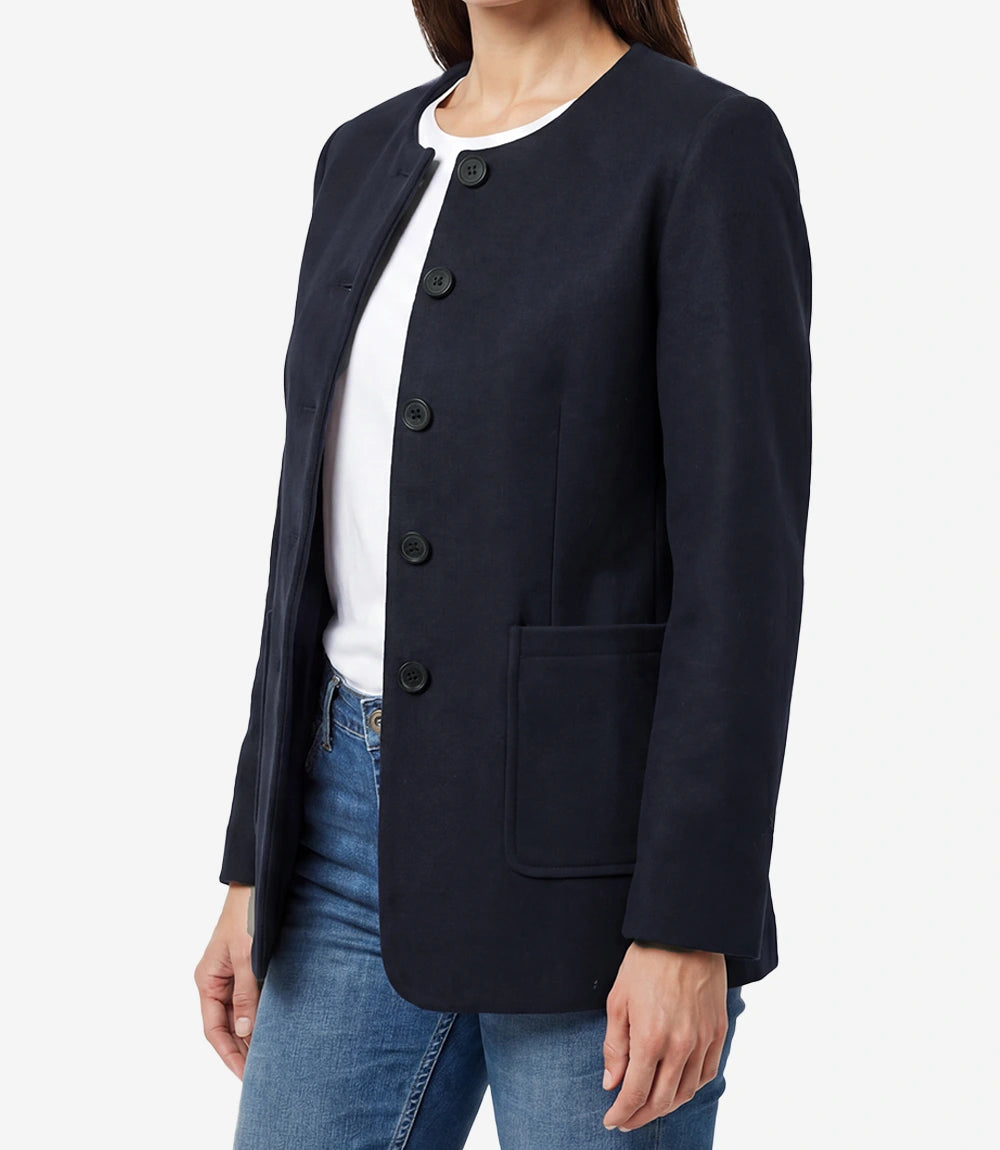 Women's Navy Blue Wool Collarless Jacket