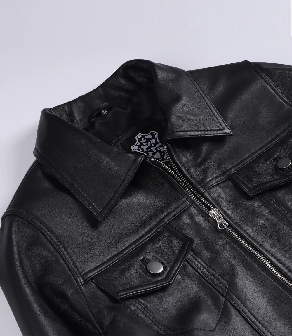 Women's Black Real Leather Cropped Trucker Jacket
