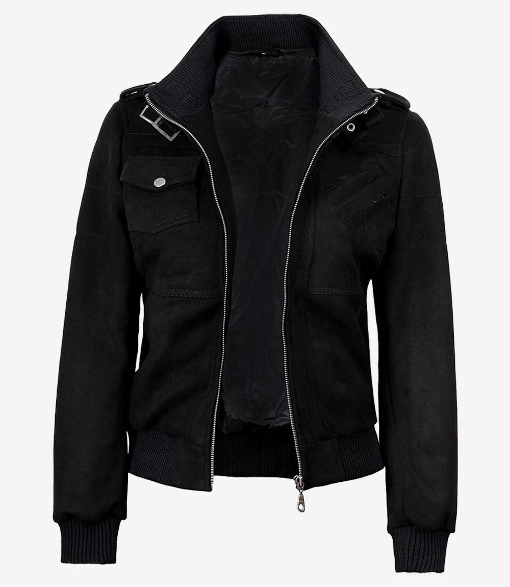 Women's Black Faux Suede Hooded Bomber Jacket