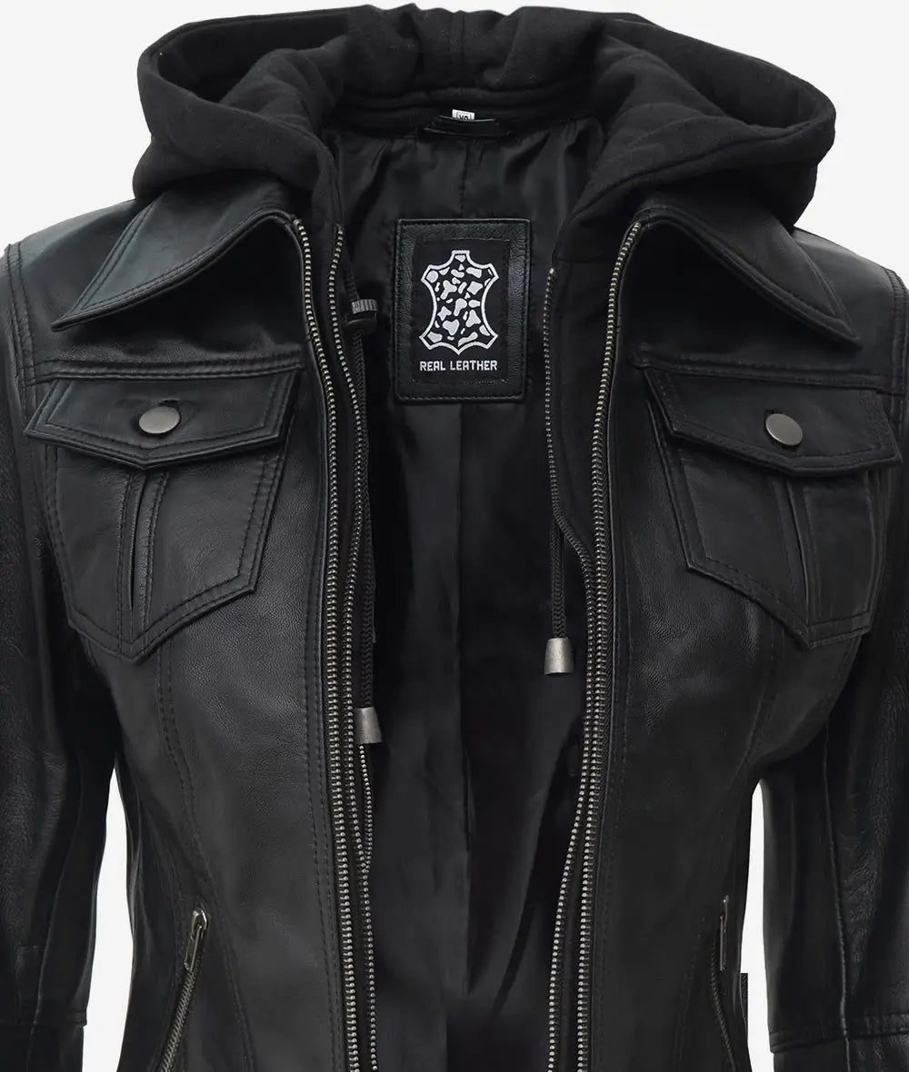 The Celeste: Schwarze Bomber-Lederjacke für Damen mit abnehmbarer Kapuze