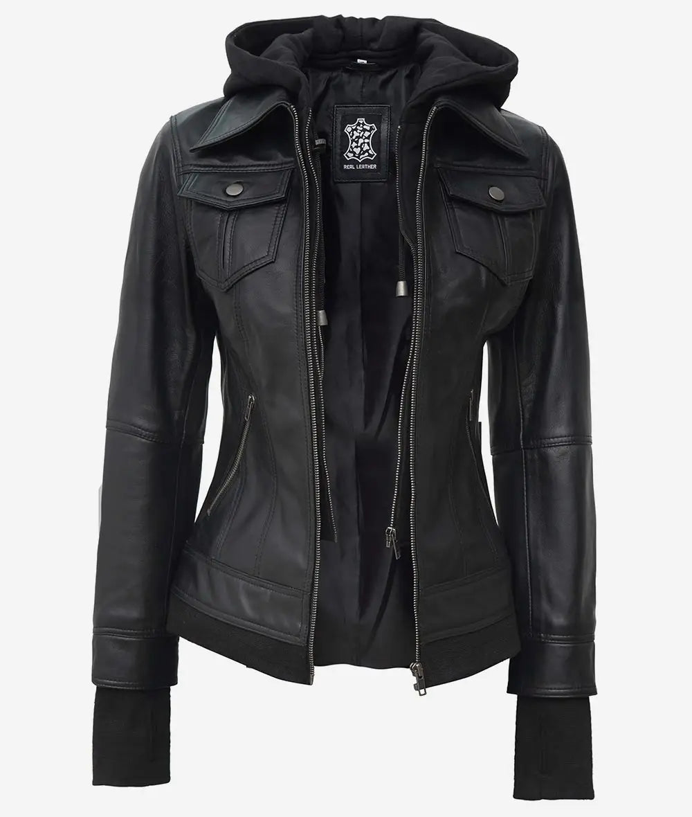 The Celeste: Schwarze Bomber-Lederjacke für Damen mit abnehmbarer Kapuze