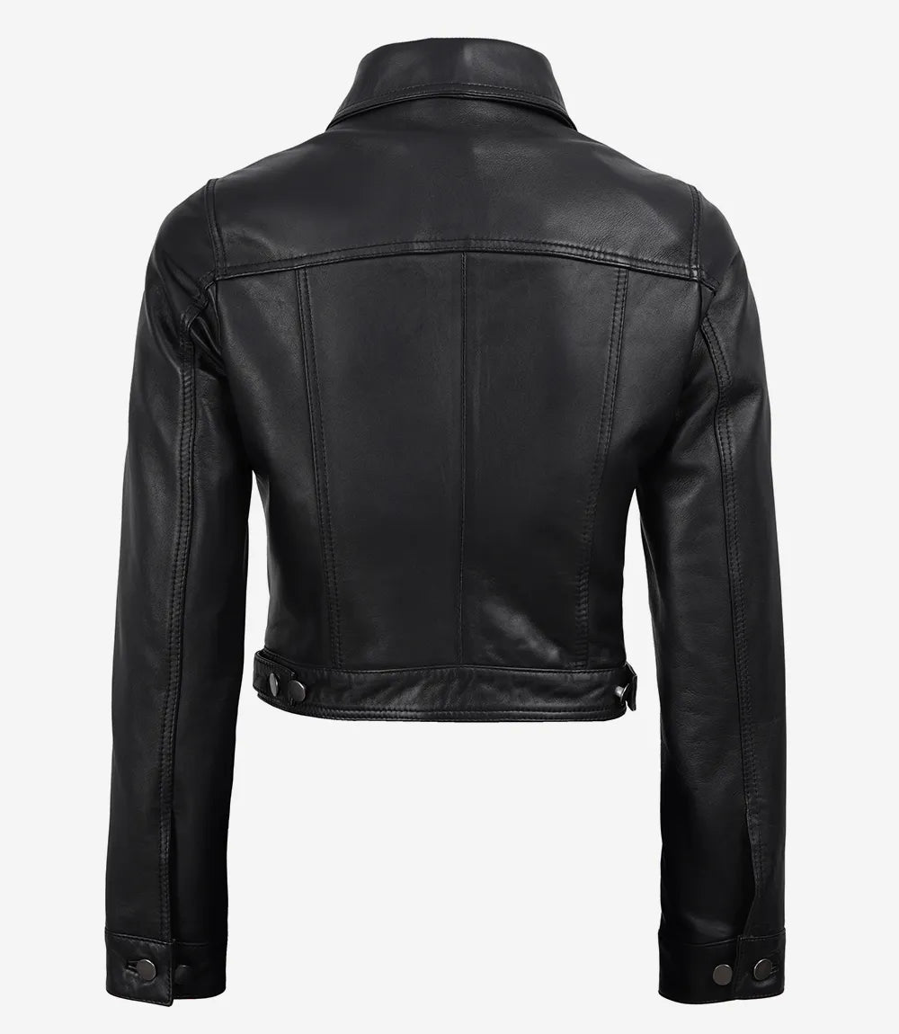 Women's Black Real Leather Cropped Trucker Jacket