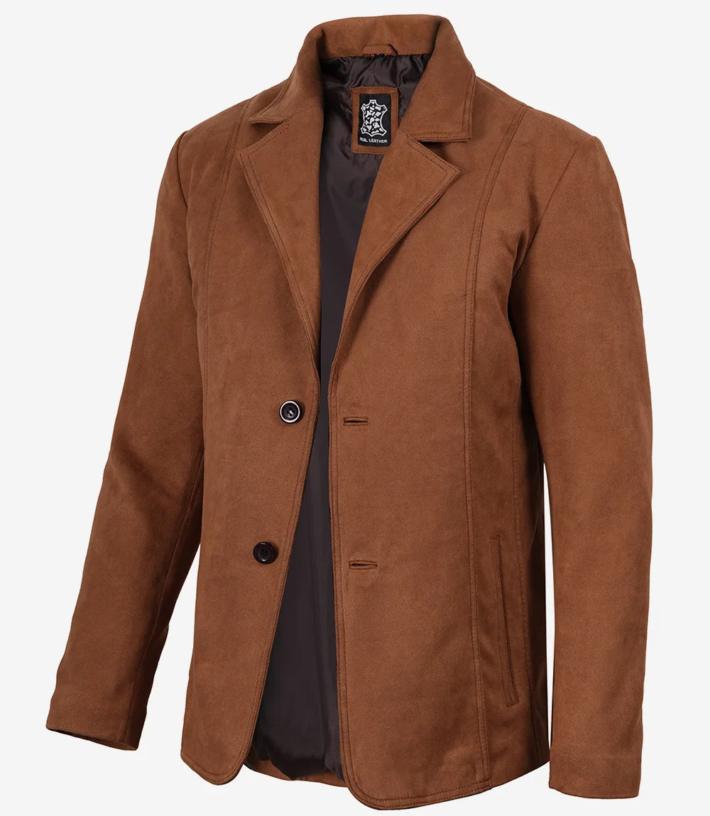 Men's Light Brown Faux Suede Two-Button Blazer Jacket