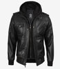 Schwarze Bomberjacke aus Leder für Herren mit abnehmbarer Kapuze