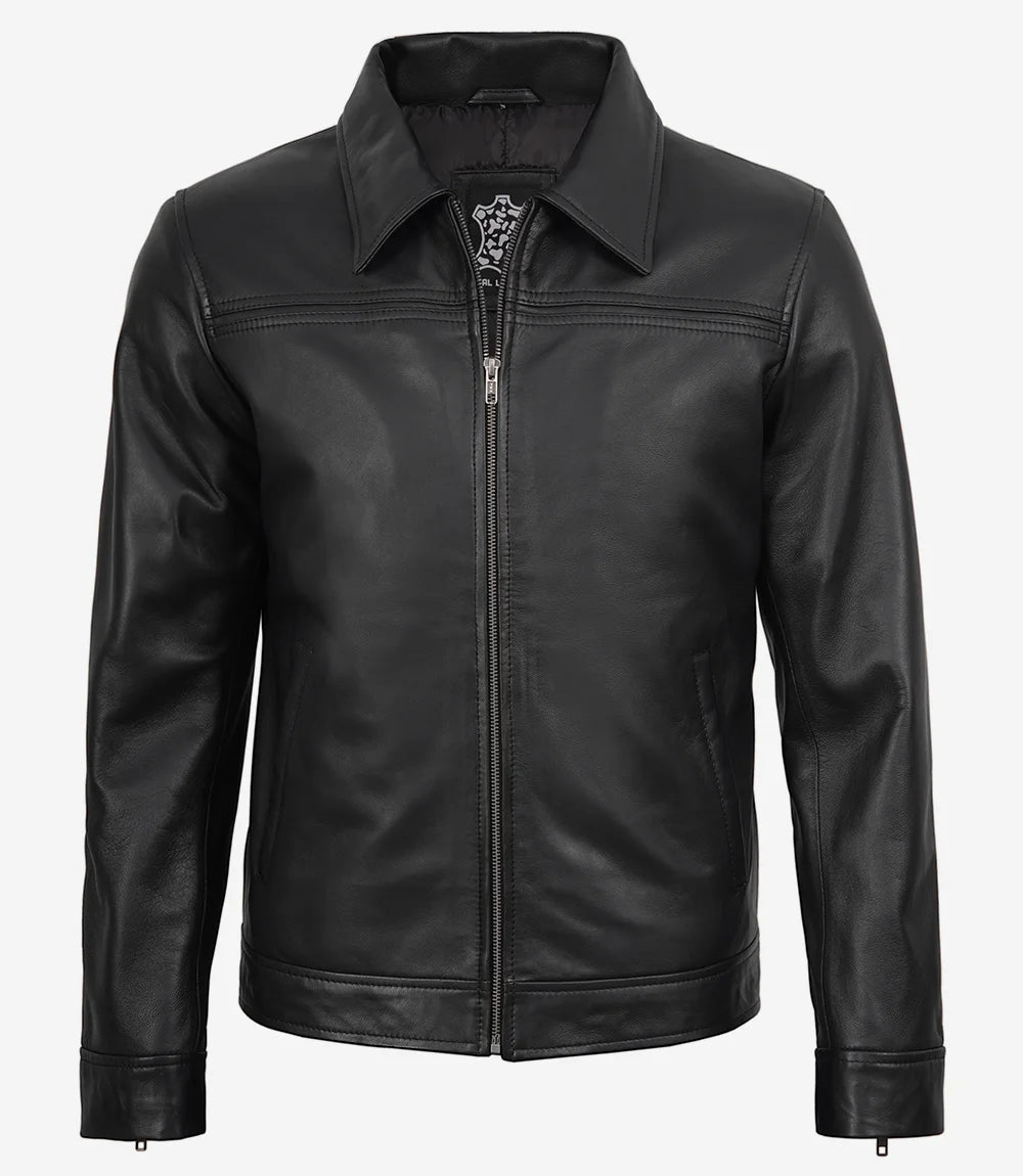 Mark Herrenjacke aus schwarzem Leder mit Hemdkragen
