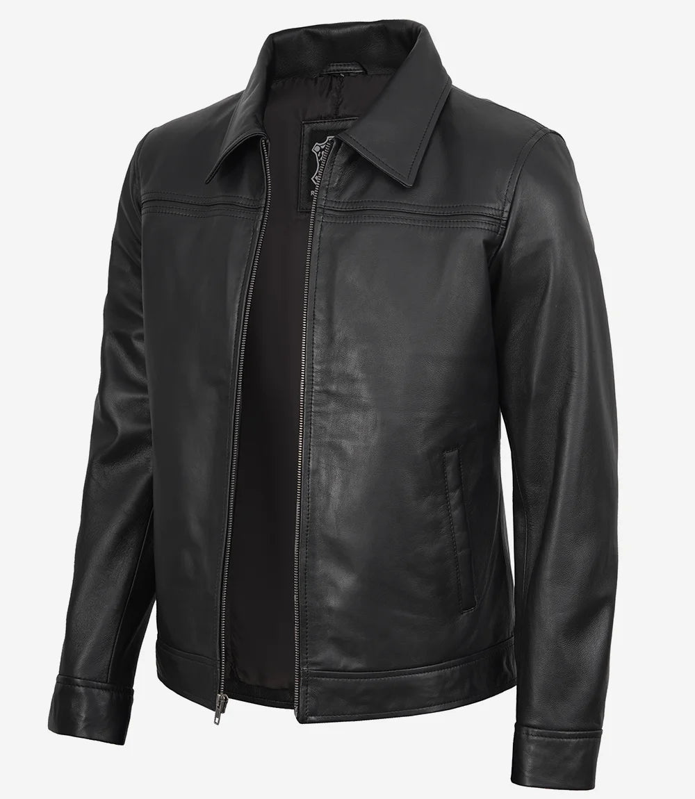 Mark Herrenjacke aus schwarzem Leder mit Hemdkragen