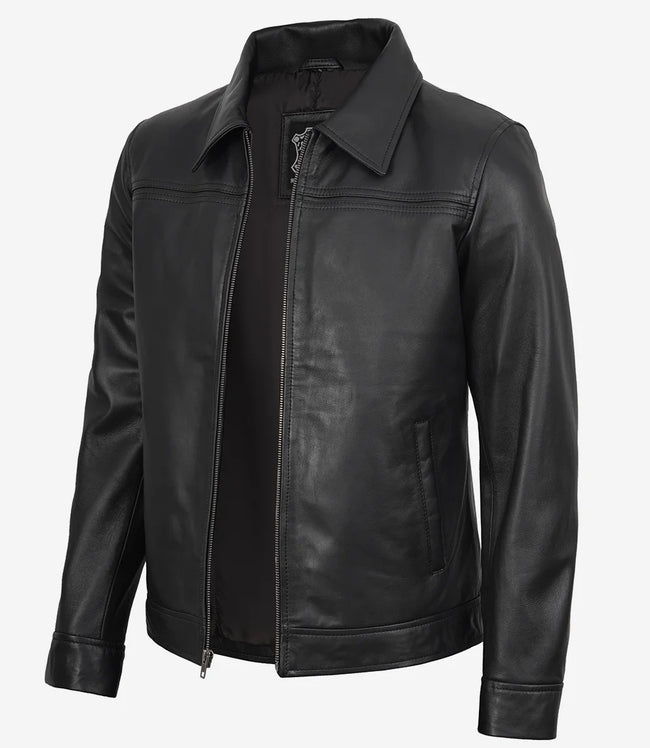 Mark Herrenjacke aus schwarzem Leder mit Hemdkragen