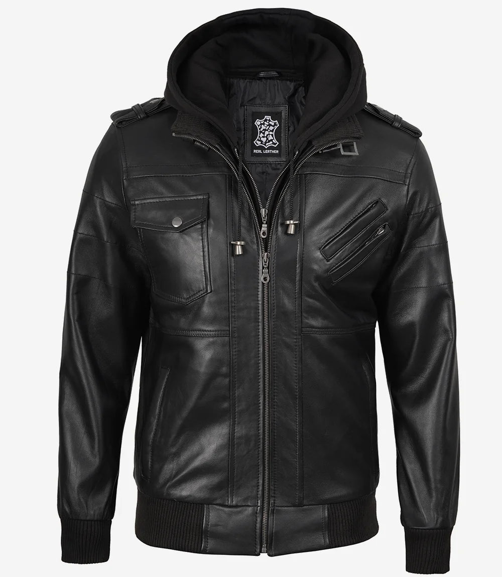 Schwarze Bomberjacke aus Leder für Herren mit abnehmbarer Kapuze