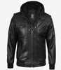 Schwarze Bomberjacke aus Leder für Herren mit abnehmbarer Kapuze