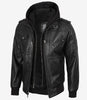 Schwarze Bomberjacke aus Leder für Herren mit abnehmbarer Kapuze