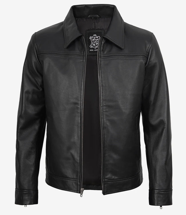 Mark Herrenjacke aus schwarzem Leder mit Hemdkragen