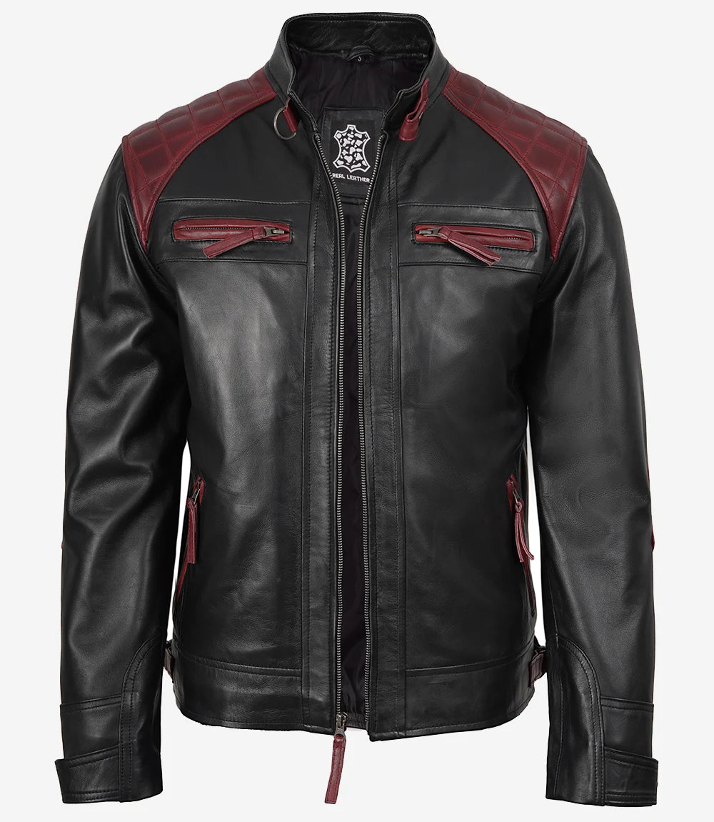 Schwarze und kastanienbraune Lederjacke im Biker-Stil für Herren – gesteppte Schulterpartie