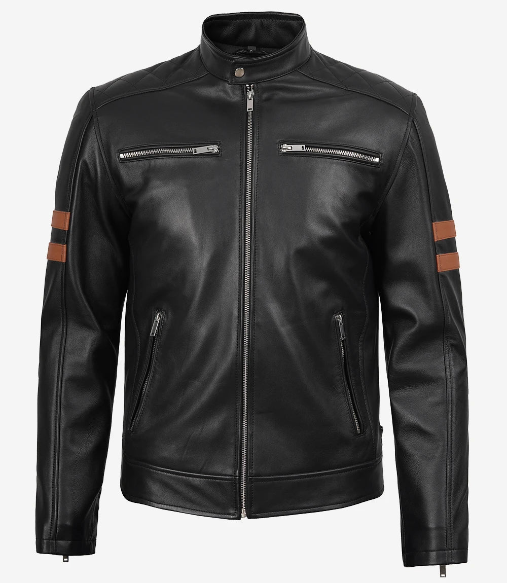 Schwarze Lederjacke im Biker-Stil für Herren mit hellbraunen Armstreifen