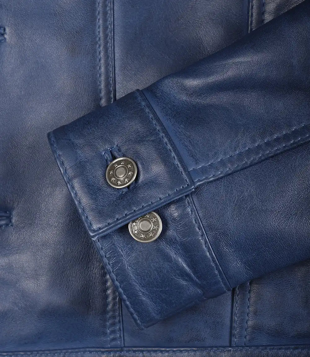 Herren-Truckerjacke aus echtem Lammleder, blau, gewachst