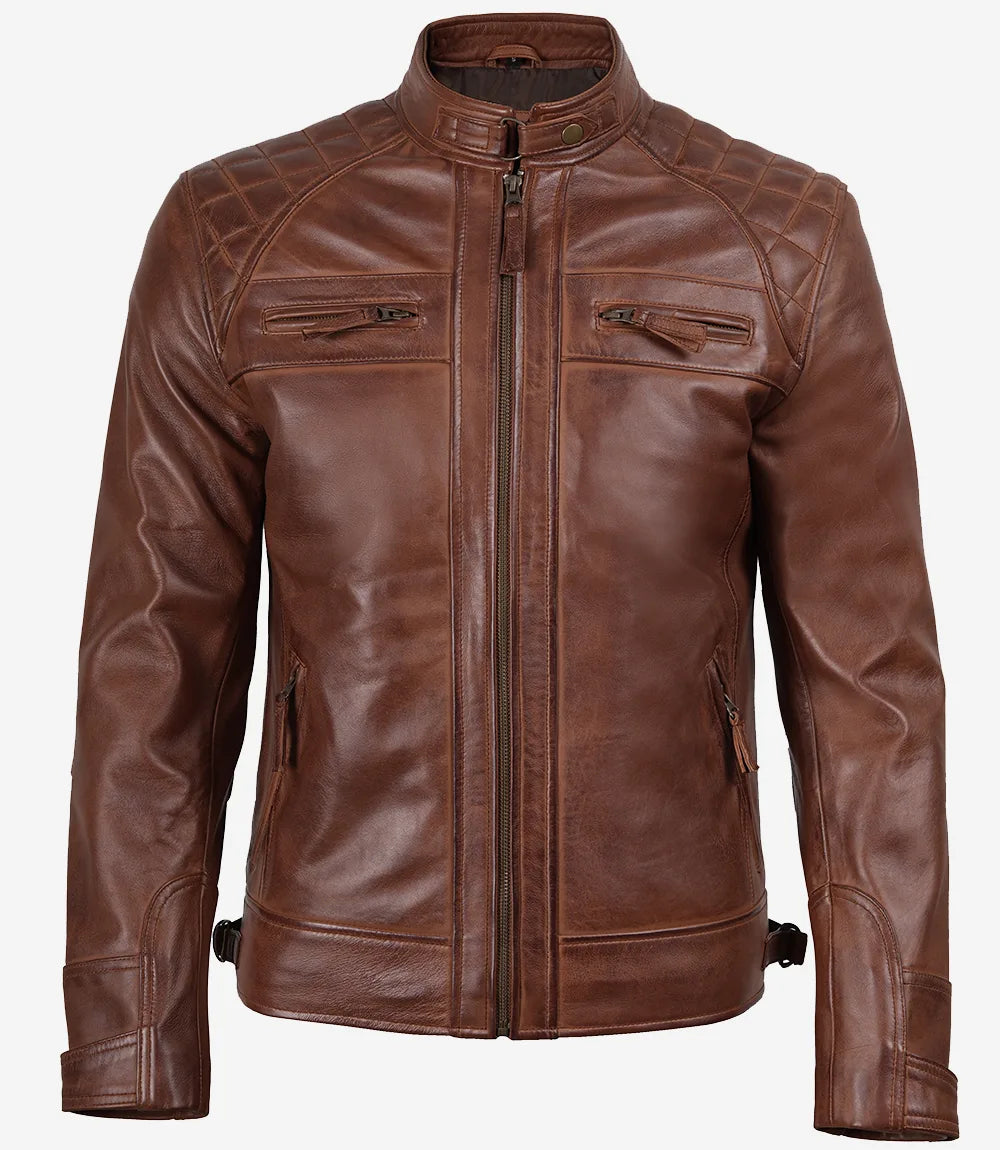 Cognacbraune gesteppte Lederjacke im Biker-Stil für Herren