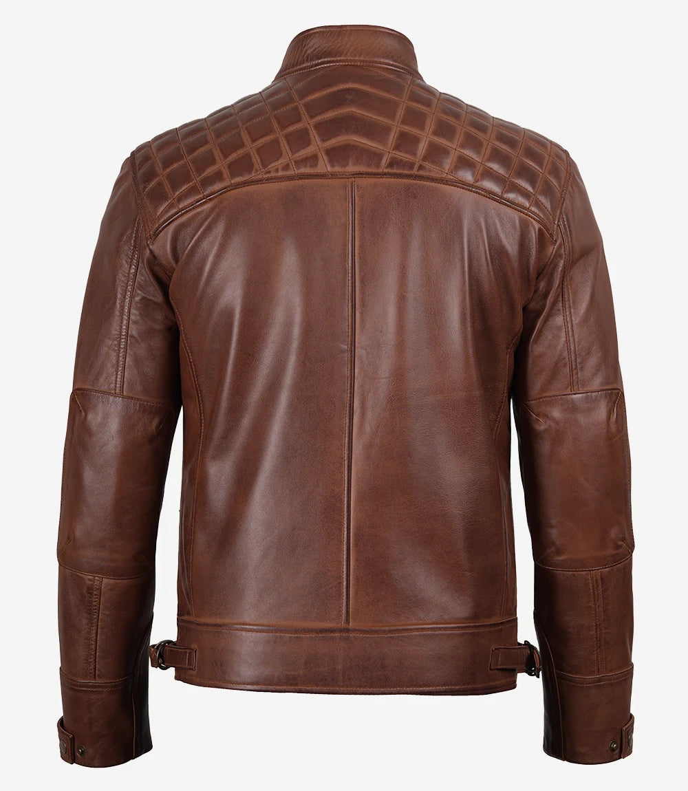 Cognacbraune gesteppte Lederjacke im Biker-Stil für Herren