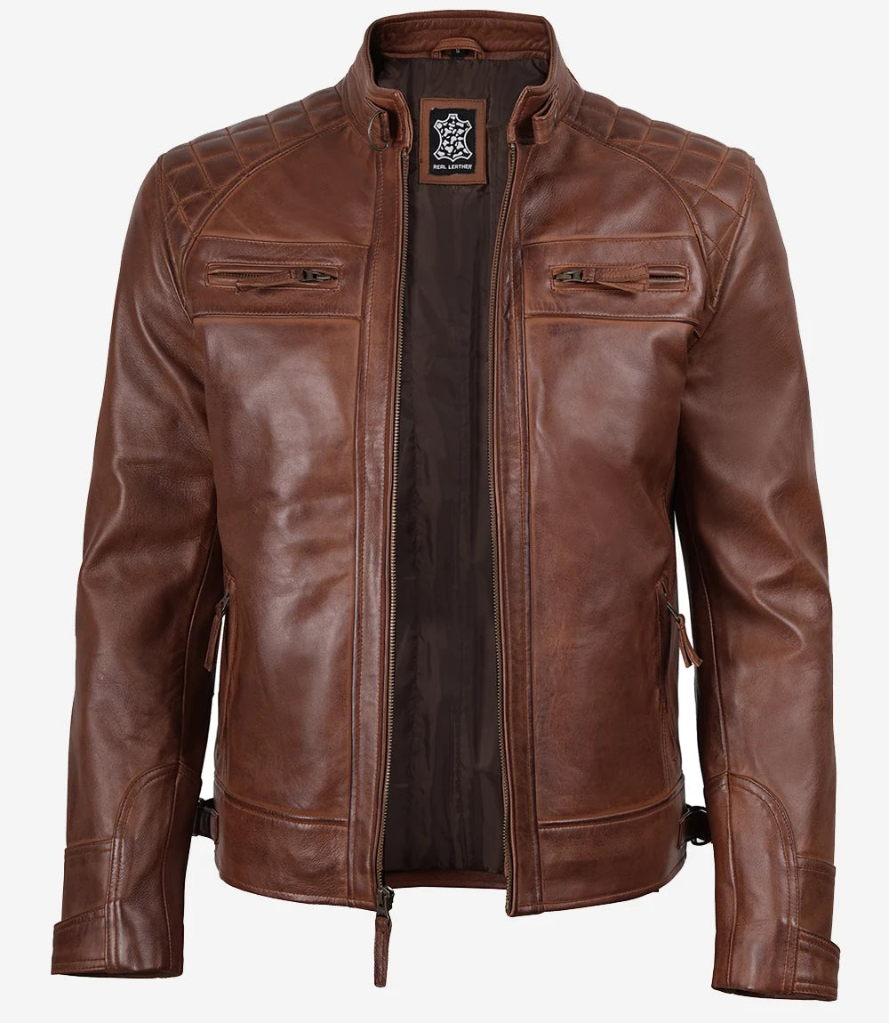 Cognacbraune gesteppte Lederjacke im Biker-Stil für Herren
