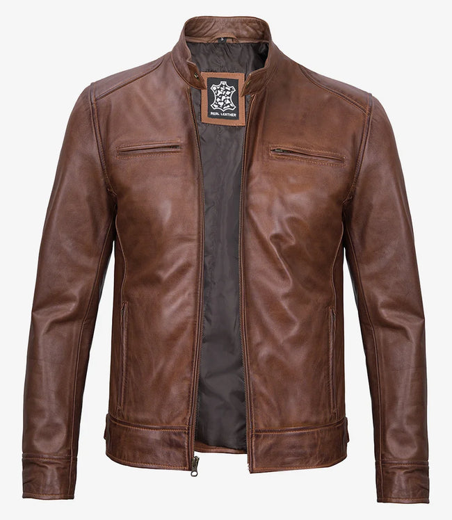 Cognacfarbene Lederjacke im Biker-Stil für Herren