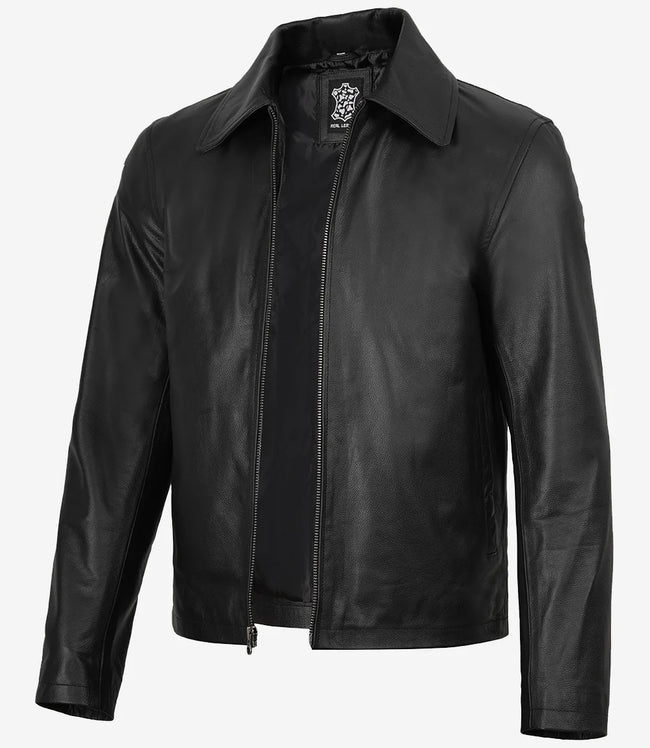 Mens Black Shirt Collar Leather Cowhide Jacket