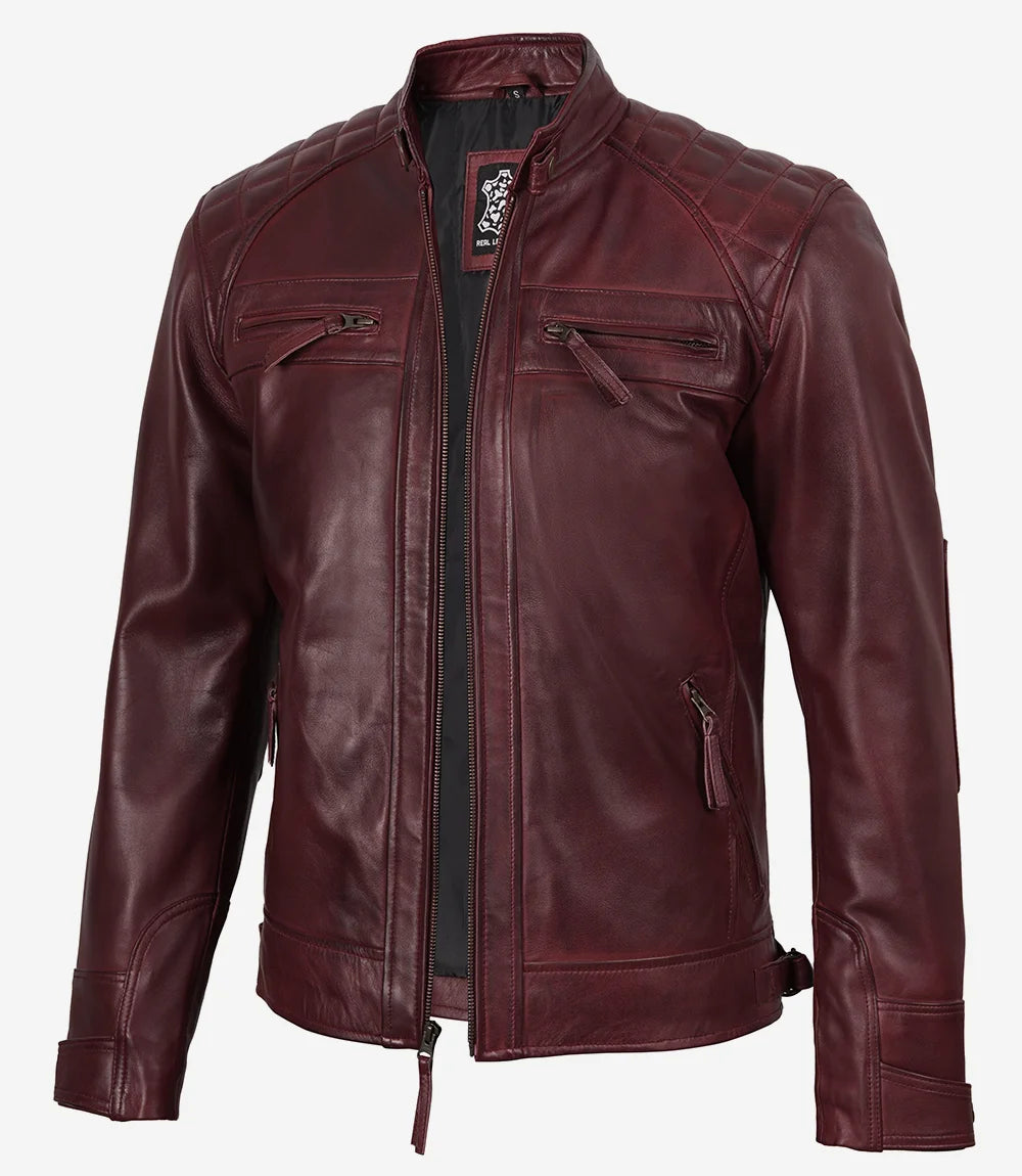 Burgunderrote Bikerjacke aus echtem Leder für Herren – gesteppte Schulter