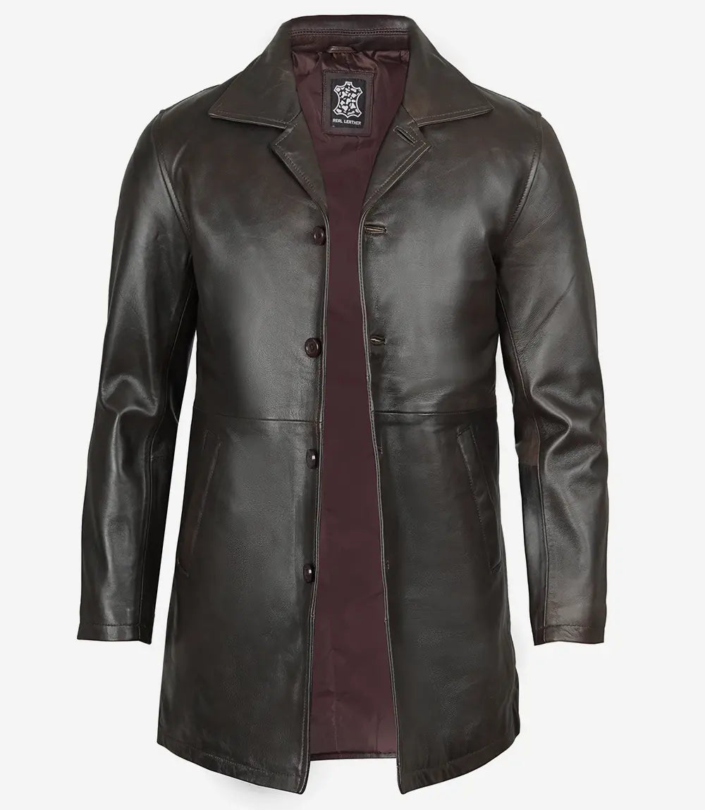Mens Tall Vintage Dark Brown Leather Coat