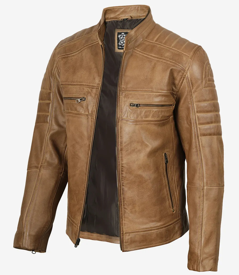 Kamelbraune Lederjacke im Biker-Stil für Herren