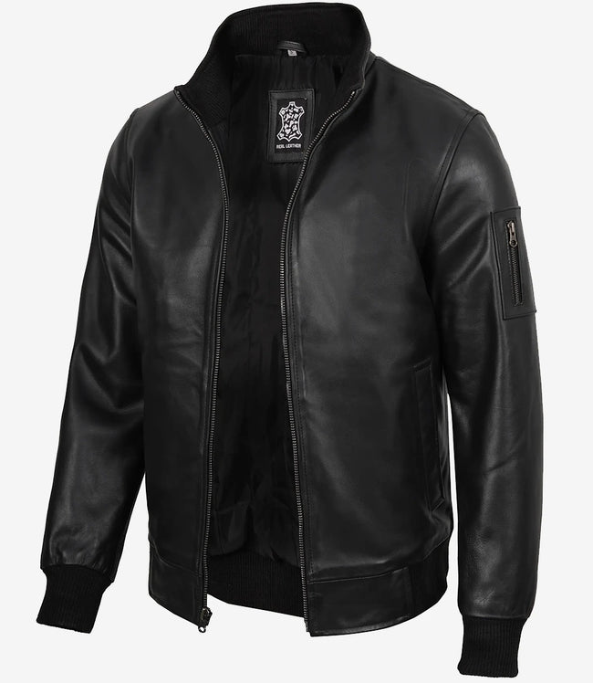Schwarze Bomberjacke aus Rindsleder für Herren