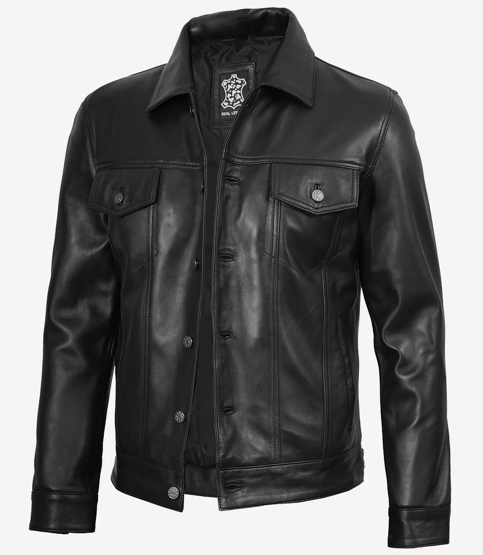 Schwarze Trucker-Jacke aus Leder für Herren mit vier Taschen