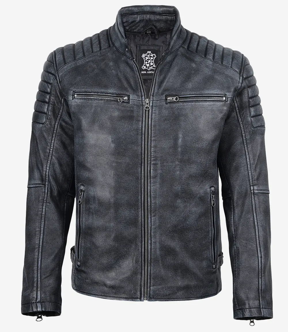 Mens Black Washed Leather Biker Style Jacket