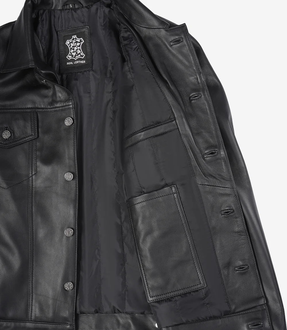 Schwarze Trucker-Jacke aus Leder für Herren mit vier Taschen