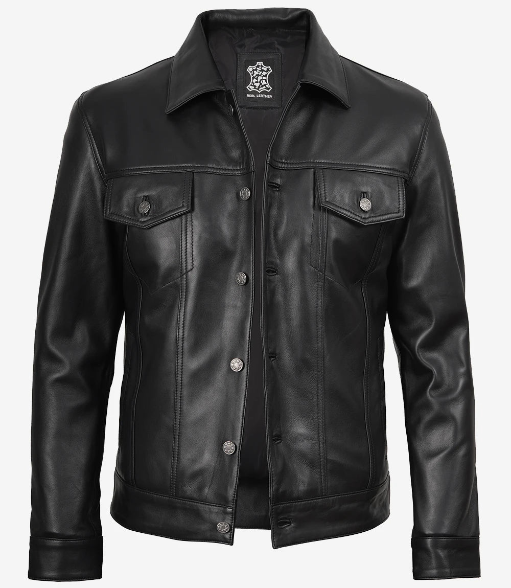 Schwarze Trucker-Jacke aus Leder für Herren mit vier Taschen