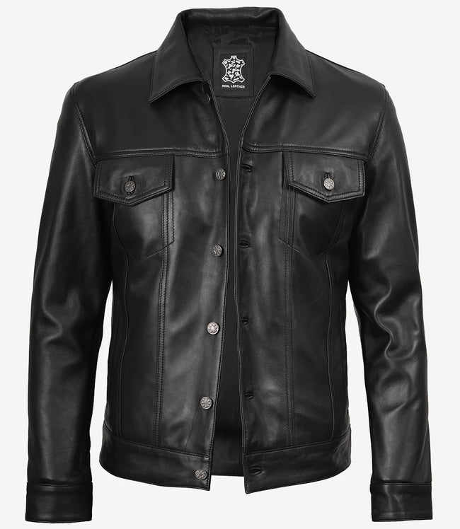 Schwarze Trucker-Jacke aus Leder für Herren mit vier Taschen