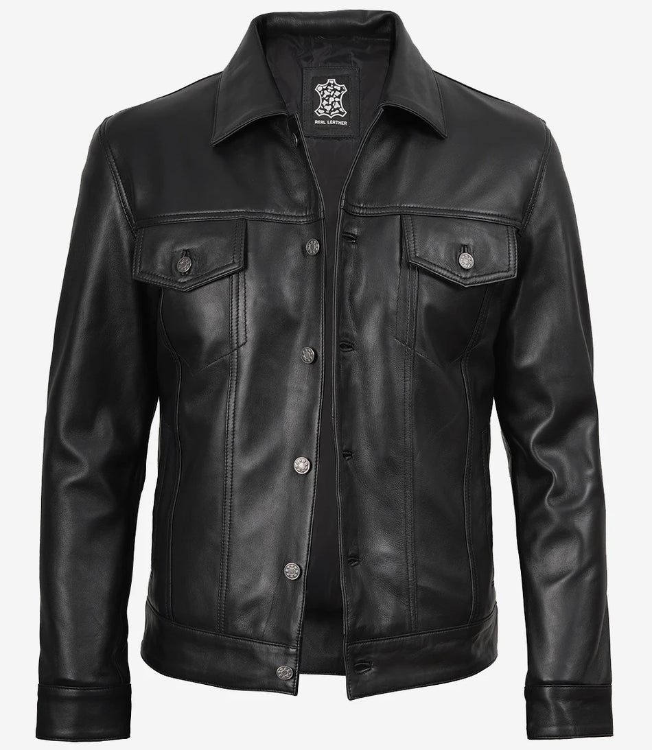 Schwarze Trucker-Jacke aus Leder für Herren mit vier Taschen