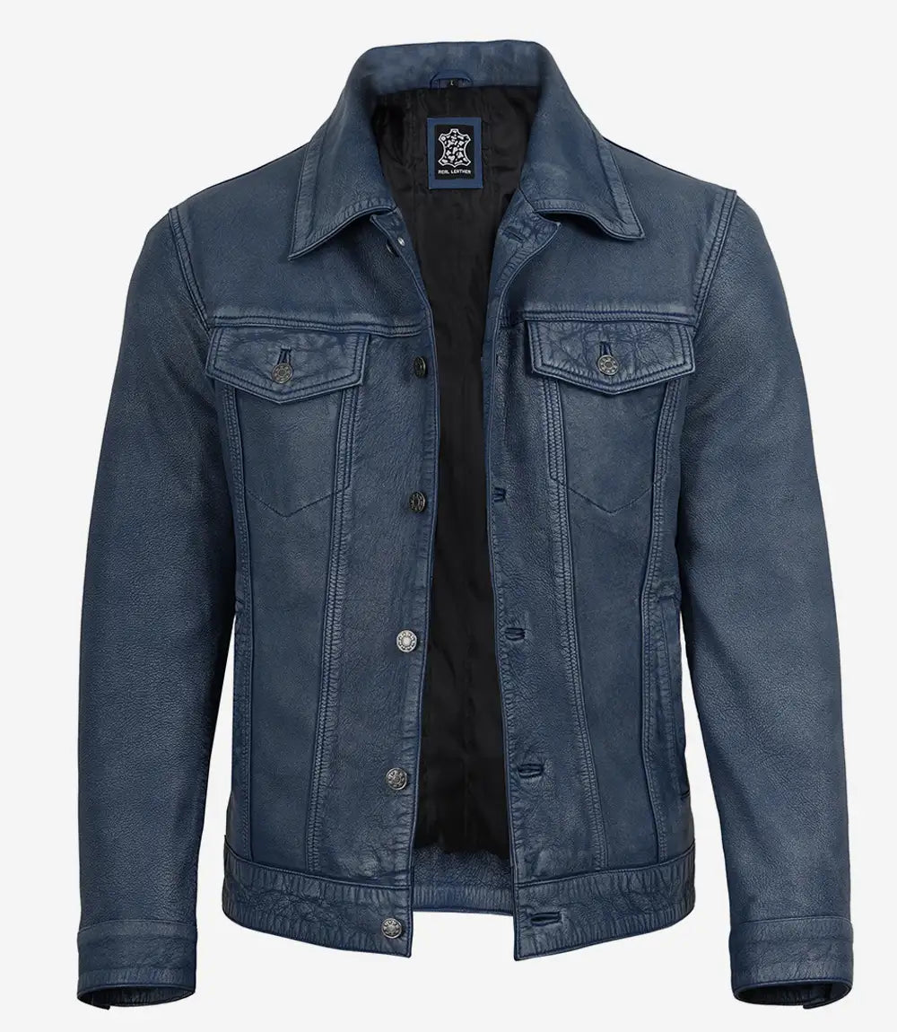 Men's Blue Washed Distress Leather Trucker Jacket - Denim Style