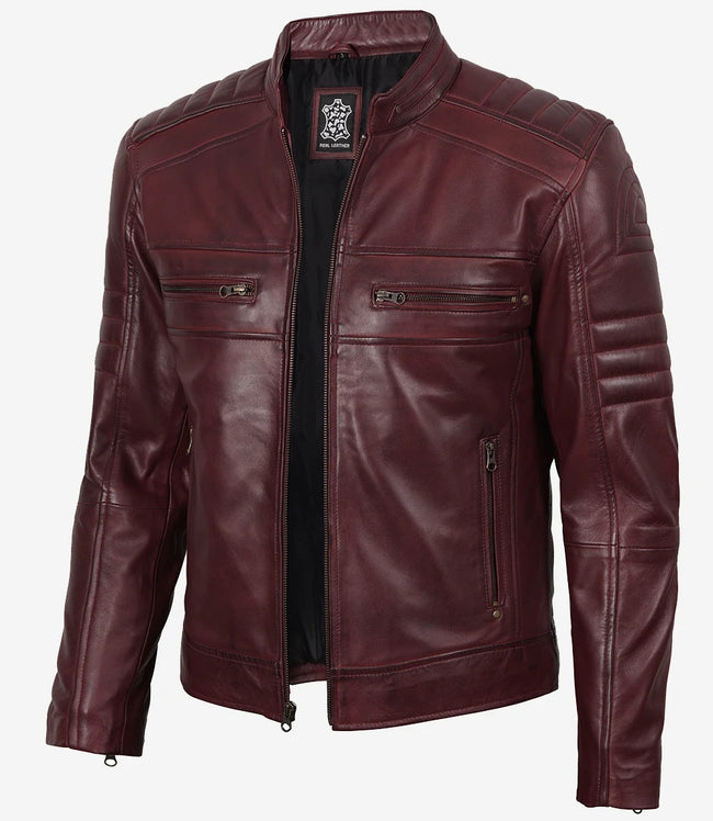 Burgunderrote Lederjacke im Biker-Stil für Herren