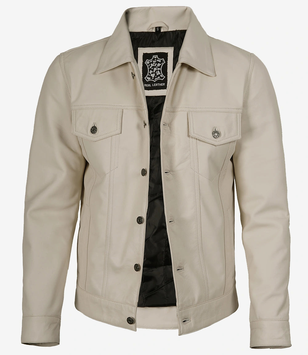 Herren-Truckerjacke aus gebrochenem weißem Leder mit vier Taschen