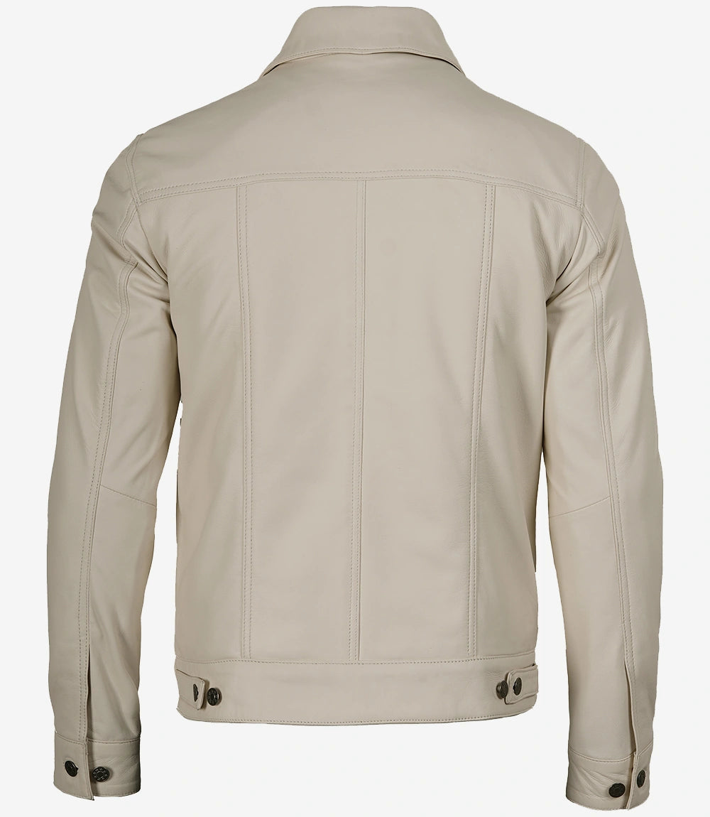 Herren-Truckerjacke aus gebrochenem weißem Leder mit vier Taschen