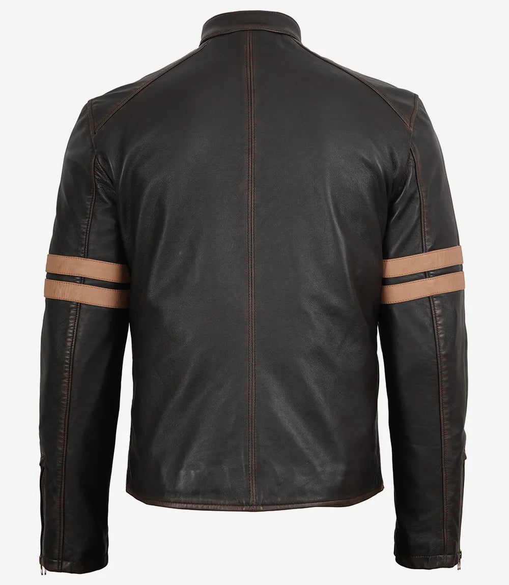 Men’s Vintage Brown Leather Biker Jacket with Dual Racing Stripes