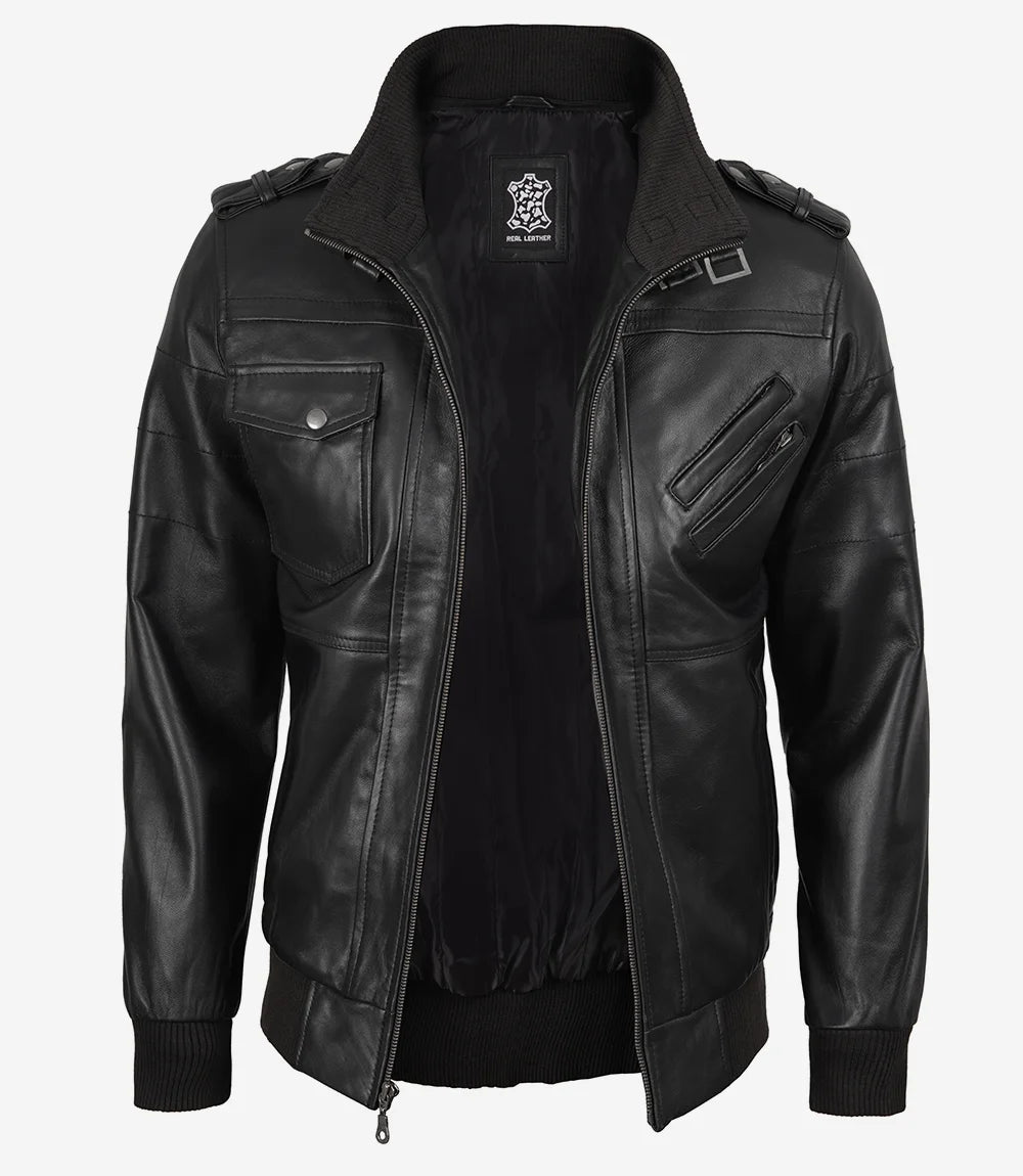 Schwarze Bomberjacke aus Leder für Herren mit abnehmbarer Kapuze