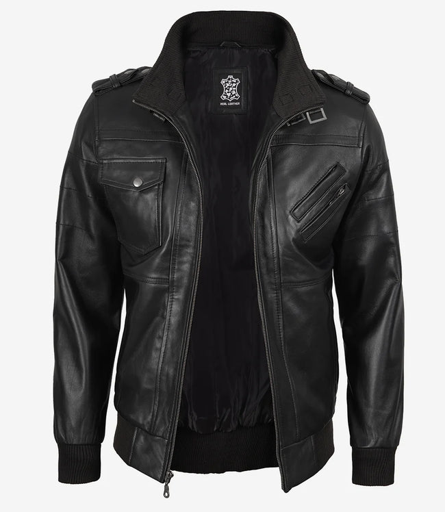Schwarze Bomberjacke aus Leder für Herren mit abnehmbarer Kapuze