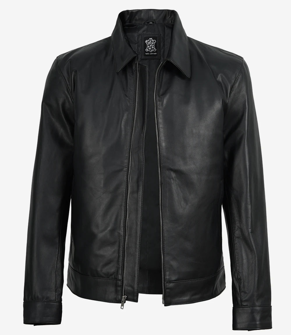 Michael Men's Black Cowhide Leather Jacket with Shirt Collar