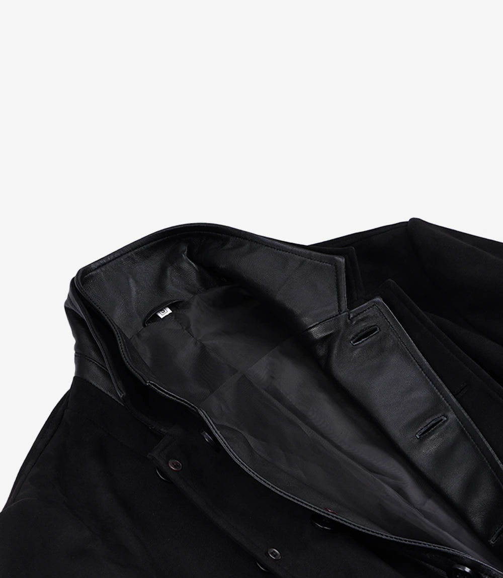 Men's Black Faux Suede Double-Layered Blazer with Leather Placket