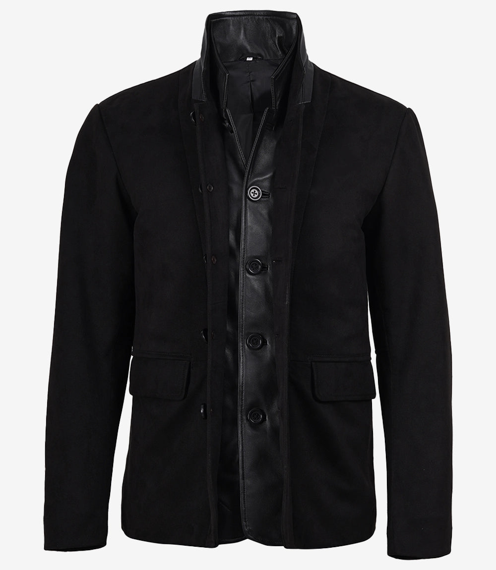 Men's Black Faux Suede Double-Layered Blazer with Leather Placket