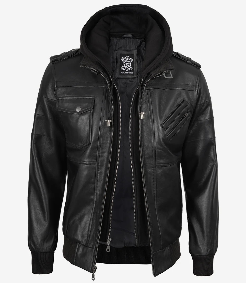 Schwarze Bomberjacke aus Leder für Herren mit abnehmbarer Kapuze